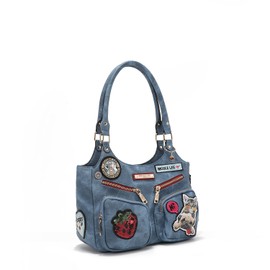 Nicole Lee Multi-Patch Shoulder Bag, Denim-Look Vegan Leather with Sequin Strawberry, Cat and Dog Prints, Medium Handbag (BLUE)
