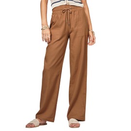 AVICHIC Women Linen Pants Wide Leg Palazzo Pants Cotton Linen Drawstring Summer Pants with Pockets Caramel S 29"