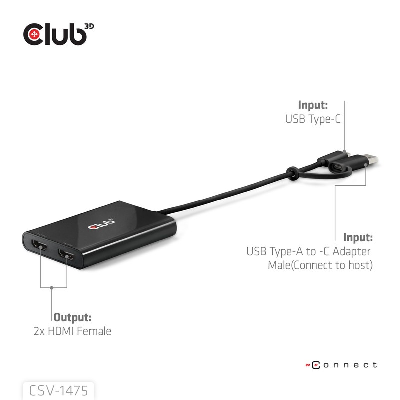 Club3D CSV-1475 USB Type-C (with USB Type-A Adapter) to Dual