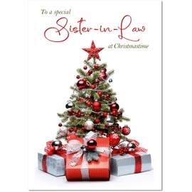 doodlecards Sister in Law Christmas Card Christmas Tree and Parcels Medium Size Christmas Card for Sister-in-Law with Plain Envelope