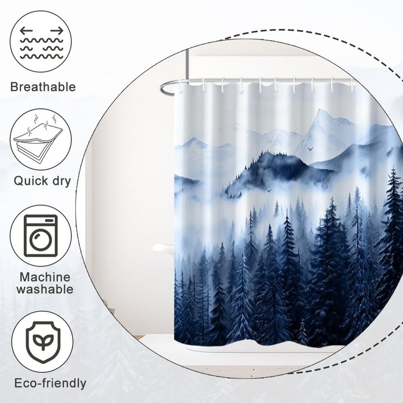 Ruelvth Mountain Shower Curtain, Navy Blue Misty Forest Shower Curtain