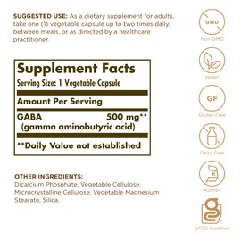 Solgar GABA 500 mg, 50 Vegetable Capsules - Relaxation & Nervous System Support - Amino Acid - Non-GMO, Vegan, Gluten Free, Dairy Free, Kosher - 50 Servings