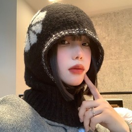 Women's Winter Knit Hooded Scarf Balaclava Neck Warmer with Earflaps lf2947 Hood with Bow Tie - Red 3ea