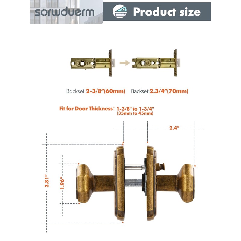 SORWDUERM 1 Pack Antique Brass Door Knobs Interior Privacy Door