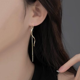 TseenYi Boho Spiral Threader Earrings Long Chain Threader Earrings Gold Twisted Linear Wavy Curved Earrings Twist Wavy Threader Earrings MInimalist Chain Drop Threader Earrings