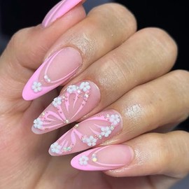 3D Flower Rhinestones False Nails Pink Butterfly French Tip Press on Nails Long Almond Acrylic Nails with Glue on Nails Matte Fake Stick on Nails for Women Girls