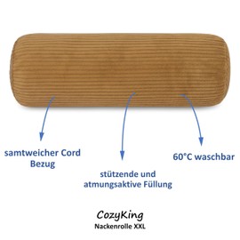 Neck Bolster XXL Cord Gold Neck Pillow Extra Long Oeko-Tex 100 and Washable at 40°C - Neck Support Pillow with Cover for Car, Plane, Travel or for Reading and Relaxing at Home - 15 x 70 cm