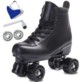 SCUNT Skates Women's Men's High Top Black PU Leather Skates Classic Double Row Skates Adjustable Outdoor Indoor Quad Skates and Roller Derby (38-US Men 6= Women 7)