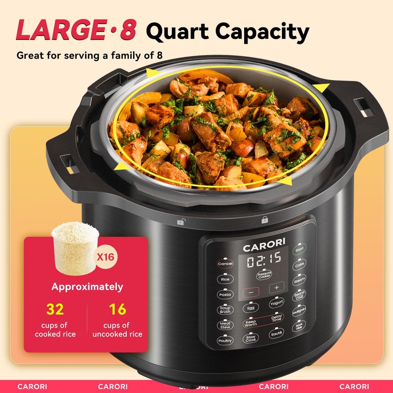 CARORI 1200W 12-in-1 Electric Pressure Cooker 8Qt, Stainless Steel Pressure