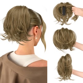 SOFEIYAN Claw Clip Short Ponytail Extension DIY Bendable Wires Hair Bun Fluffy Fake Hair Piece Straight Synthetic Hair Ponytail Extensions for Wonen - Dark Brown with Highlights