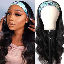 Headband Wig Human Hair Body Wave 16 inch Non Lace Front Wig Machine Made Wigs Brazilian Body Wave Human Hair Headband Half Wigs for Black Women Natural Color