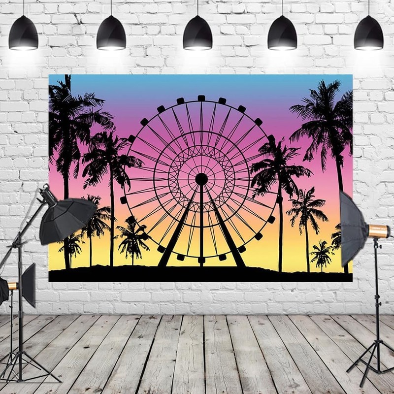 9x6ft Ferris Wheel Backdrop Sunset Seaside Palm Tree Silhouette Photography