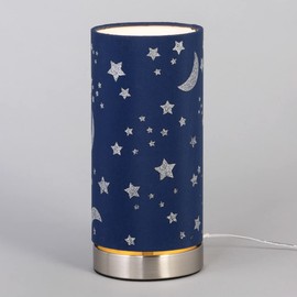 LITECRAFT Glow Moon & Stars Table Lamp with Blue Cylinder Shade - Satin Chrome