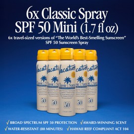 Vacation Mini Classic Sunscreen Spray SPF 50, Water-Resistant, Mini Sunscreen Bulk Party Favor, Sunblock Travel Size, TSA Suntan for Carry On, 1.7 Fl. Oz. (Value Pack of 6)
