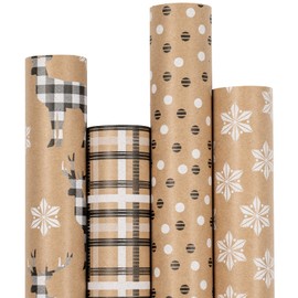 RUSPEPA Christmas Wrapping Paper, Kraft Paper - Deer, Snowflake and Plaid Style Designs - 4 Rolls - 30 inches x 10 feet per Roll