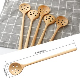 1pcs Long Slotted Spoons Wooden, Jam Spoons, Olive Spoons Korean Style 10.9 inches 100% Natural Wood Long Handle Round Spoons with Slots for Soup Cooking Mixing Stirrer Mukbang Kitchen Tools Utensils