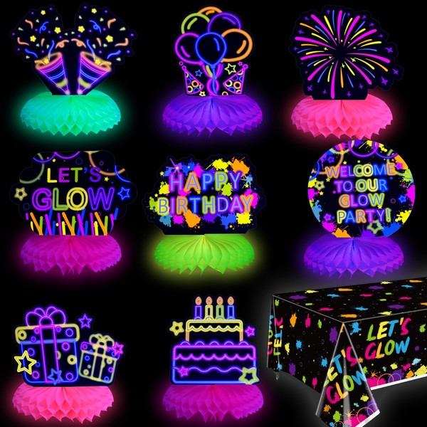 PIXHOTUL Glow Party Birthday Honeycomb Centerpiece - 8 Pcs Black Light Honeycomb Centerpieces and Let's Glow Tablecloth Neon Party Decorations for Kids Glow in Dark Party Supplies (01)