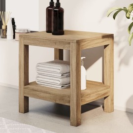 YLIEHS Natural Solid Teak Wood Bathroom Side Table, for Organizing Towels and Bath Essentials, 17.7" x 13.8" x 17.7"
