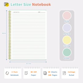 Umriox 4 Pack Lined Spiral Journal Notebook, 160 Pages 8.5" x 11" College Ruled Spiral Notebook with Sticky Tabs, Large Notebook for Work, Travel Journal, School