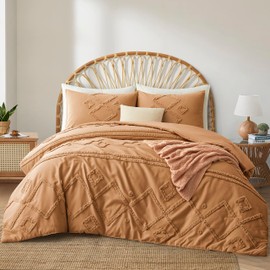 Oli Anderson Burnt Orange Queen Comforter Set Tufted Bedding Set Queen 3 Pieces, Boho Shabby Chic Comforter with 2 Pillowcases (Burnt Orange,Queen)