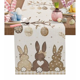 Easter Eggs Spring Bunny Tail Table Runners 72inches Long, Washable Table Runner Cloth for Kitchen Dining, Wedding, Party, Coffee, Outdoor Use, Khaki Buffalo Plaid Tabletop Decoration
