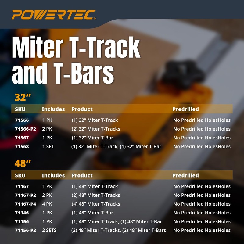 POWERTEC 48" Miter Bar for Table Saw, Crosscut Sled, Router