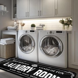 Laundry Room Rug 20x47inch Washable Farmhouse Laundry Mat Soft Fluff TPR Non-Slip Backing,Black Laundry Decor Rug, Water-Resistant for Laundry Room, Entryway, or Kitchen