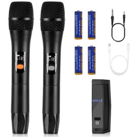 Kmise Wireless Microphones, Dual Cordless Mics 2x30 UHF Adjustable Frequencies with 2 Metal Microphones,Rechargeable Receiver,Auto Paired,1/4 "Output for Karaoke,Party,DJ,Wedding,Church
