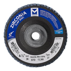 Mercer Industries 272H036 Zirconia Flap Disc, Type 27, 4 1/2" x 5/8" 11 Thread, Grit 36, 10 Pack