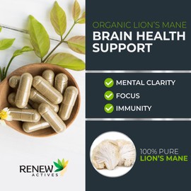 Renew Actives Premium Organic Lion's Mane Mushroom - 120 Capsules, Supports Brain Function, Memory, Focus, Stress Relief, and Immune Health, Gluten-Free, Non-GMO, Vegan, Made in Canada (2pk)