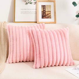 Uhomy Set of 2 Faux Fur Home Decorative Throw Pillow Cover Luxury Super Soft Fuzzy Striped Furry Pillowcase for Sofa Couch Bedroom Comfy Thick Fluffy Plush Cushion Cover 16x16 Inch Light Pink 40x40 cm