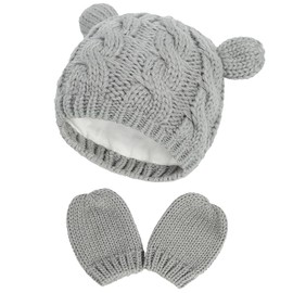 XYIYI Newborn Baby Grey Winter Beanie Hat Mitten Set Infant Toddler Warm Knitted Hat Glove Set for 0-3 Months Boys Girls