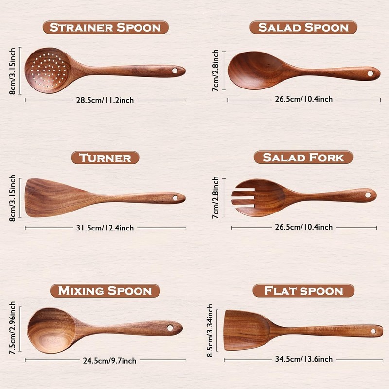 Wooden Spoon 6 Pcs, Cooking Utensils,Kitchen Utensils Natural Teak Wood