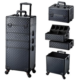 Adazzo 4 in 1 Rolling Makeup Trolley Train Case Cosmetic Suitcase Nail Tech Box for Makeup Artist, Hairstylists, Nail Tech Case with with Keys Swivel Wheels Traveling Trunk (Shiny Brick)