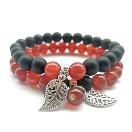 2PCS Lava Stone Healing Yoga Bracelet Turquoise Chakra Red Agate Natural Beads 8MM Strand Reiki Leaf Charm Bnagle