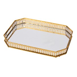 Vintage Gold Mirror Tray, Modern Luxury Perfume Decorative Tray with Hollow Design, Elegant Glass Display Storage Organizer, Rectangle 7.1"x11.4", for Coffee Table, Entryway, Bathroom