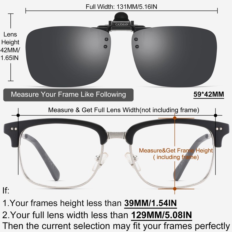 CAXMAN Polarized Clip-on Flip Up Metal Clip Rimless Sunglasses, Lightweight,