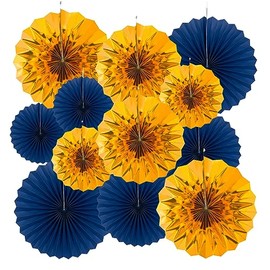 Royal Blue and Gold Paper Fans Wall Decoration Background Ceiling Hanging Decoration for Birthday Graduation Bachelorette Retirement Theme Party Decoration, 12pc