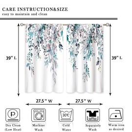oolygoo Blue Grey Eucalyptus Botanical Leaves Floral Kitchen Window Curtains Over Sink Farmhouse Flower Leaf Small Window Treatment Cafe Short Curtains for Bathroom Treatment Tier Drapes 27.5x39 inch