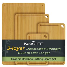 Keechee 4-Pcs Natural Wood Cutting Board Set Kitchen Tools with Juice Groove, Wooden Chopping Board for Meat, Fruit, Vegetables & Cheese (Pre Oiled, Natural)