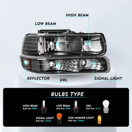 TUSDAR Headlight Assembly with Bumper Lights 4pcs Compatible with 1999-2002 Chevy Silverado, 2000-2006 Tahoe Suburban Chrome Housing with Amber Reflector