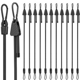 Rugtol Adjustable Bungee Cords with Hooks, 12 Pack Heavy Duty Outdoor Carabiner Bungee Cord, Black Super Elastic Bungee Straps Easily Adjust from 7" to 48", Great for Cargo, Camping, Bike Racks, Tents