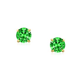 Minimalist Tiny Cubic Zirconia Green Simulated Emerald CZ Round Solitaire Stud Earrings Real 14K Yellow Gold Screw Back 3MM