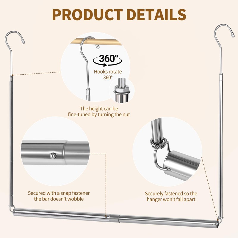 HDbonemu Foldable Hanging Closet Rod Adjustable Width and Height, Chrome