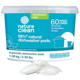 Nature Clean Nature Clean All Natural Dishwasher Pods, Plant-Based Non Toxic Dishwasher Detergent Pods, Dishwashing Pods Tough on Grease, Dish Pods for Dishwasher, Unscented Dishwasher Pods, 60 Count, Pack of 1