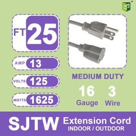 EP 25 Ft Outdoor Extension Cord - 16/3 SJTW Gray Electrical Cable with 3 Prong Grounded Plug, UL Listed