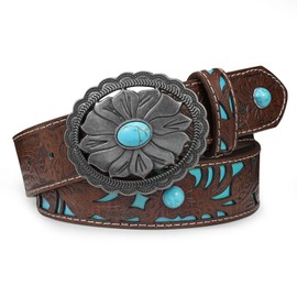 TRIWORKS Women Western Leather Belt Retro Medieval Style Turquoise Buckle Belt Ladies Cowgirl Concho Leather Belt