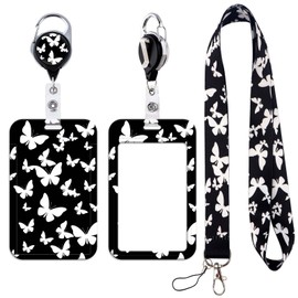 Versatile Badge Holder for Women Pretty Black White Butterfly Lanyards for ID Badges Keys with Retractable Reel