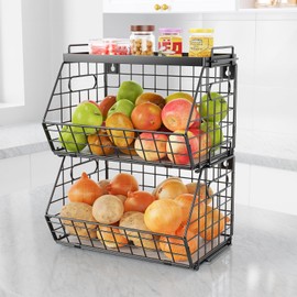 CHLORYARD 3-Tier Stackable Fruit Basket Kitchen Potato Onion Storage Wire Baskets with Tray Top, Wall-mounted & Countertop Tiered Pantry Organizer for Snack, Fruit and Vegeatble Storage