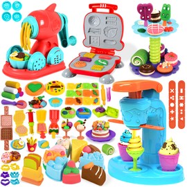 SOCBTNSO 4 in 1 Dough Sets 75 PCS for Kids Ages 4-8, Dough Tools Kit with Ice Cream Noodle Hamburger Maker Machine, Dessert Rack, Kitchen Creations Art Crafts Food Play Toys for Boys Girls Ages 3+